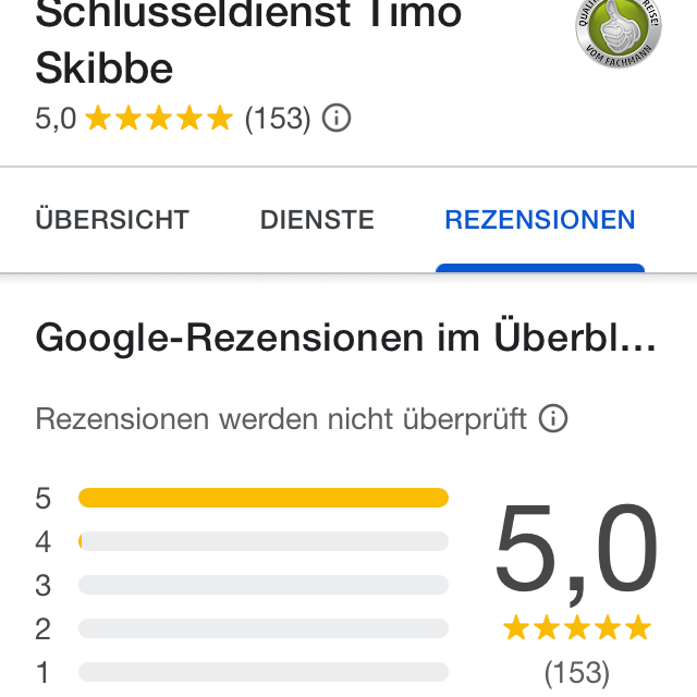 Bewertung von Schlüsselservice Timo Skibbe mit 5 Sternen und 153 Rezensionen.