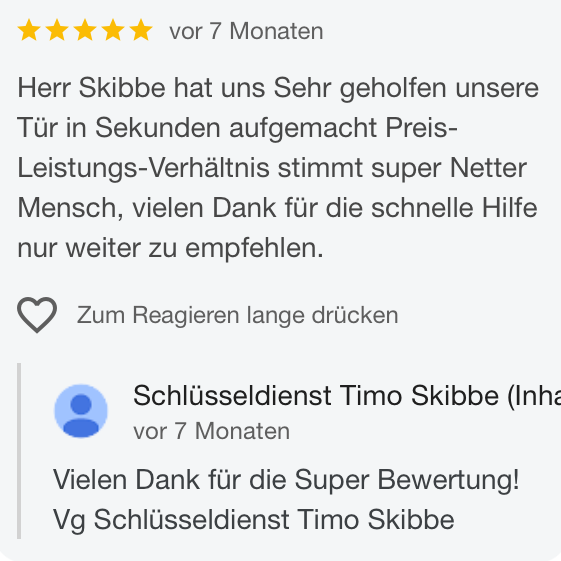 Bewertung für Timo Skibbe, Schlüsselservice; danke für schnelle Hilfe und gutes Preis-Leistungs-Verhältnis.